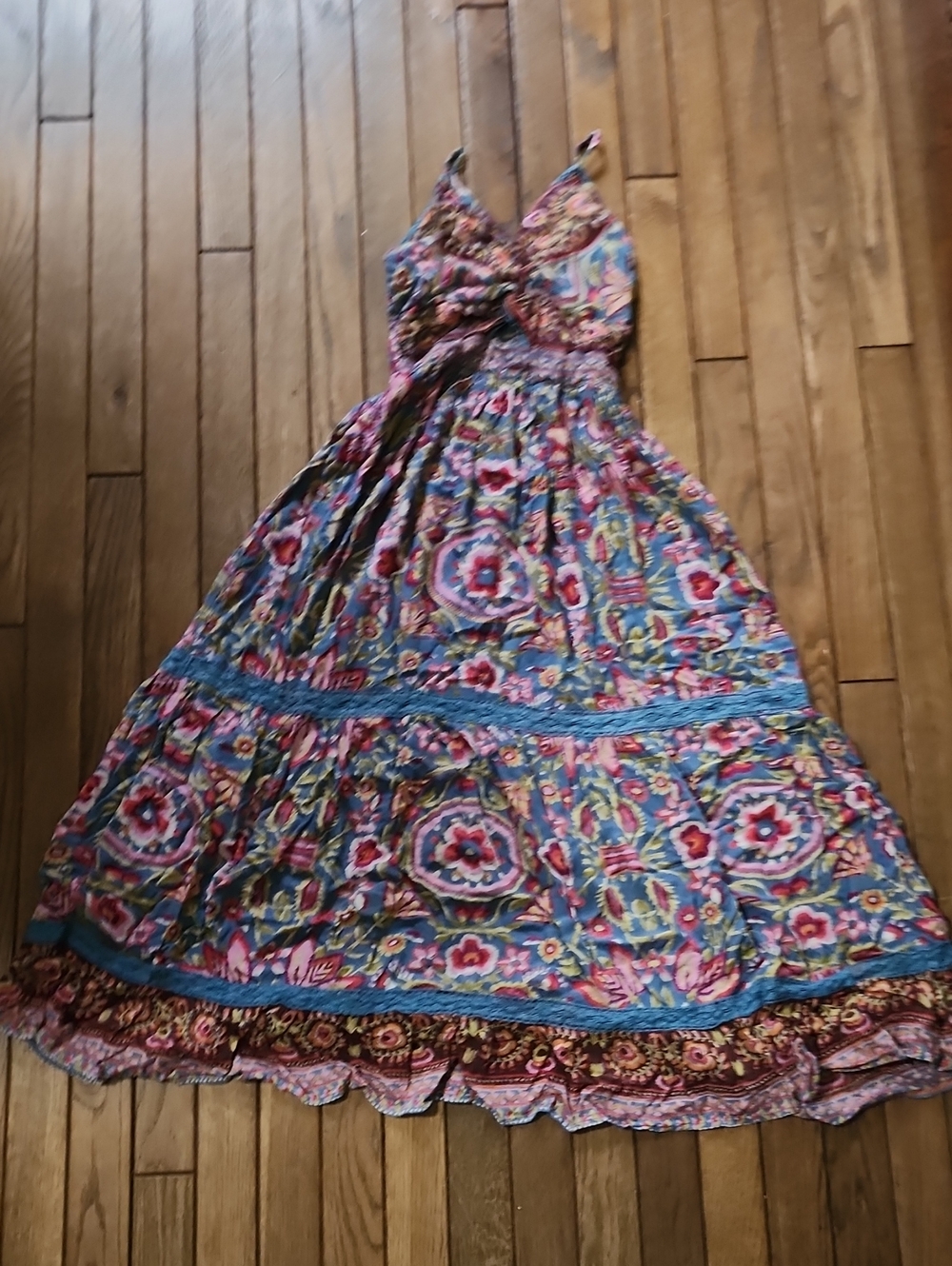 Angie Boho Floral Maxi Dress – Size Small – Blue/Pink